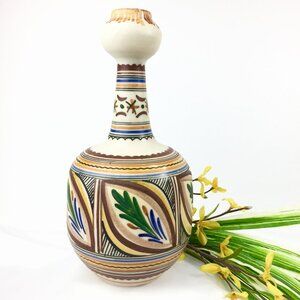 Vintage Boho Hand Painted Floral Salt Glaze Stoneware Decanter Vase Spain